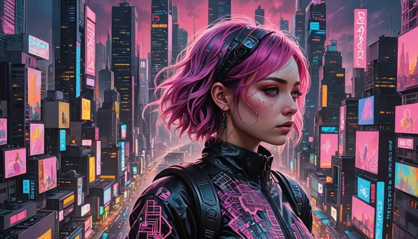 Cyberpunk Girl in Futuristic Cityscape at Dusk