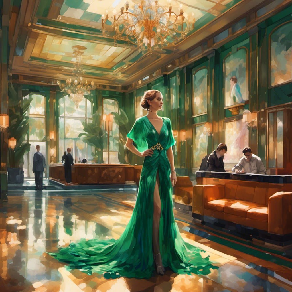 Art Deco Hotel Lobby with Emerald Jewelry