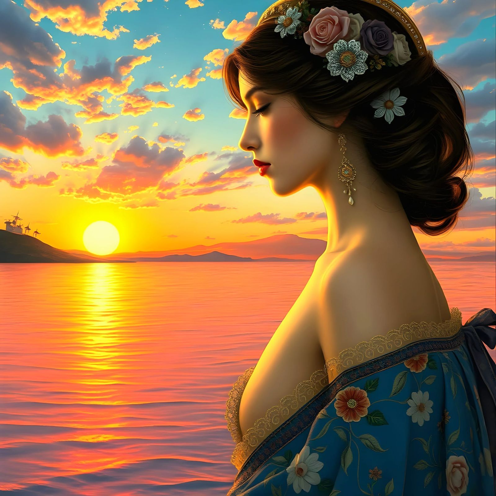 Ethereal Klimt-Inspired Seascape with a Woman in Soft Colour...