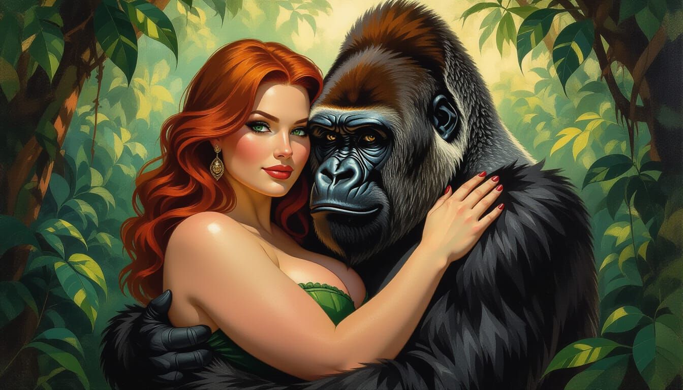 Woman Embraces Gorilla in Dramatic Oil Painting