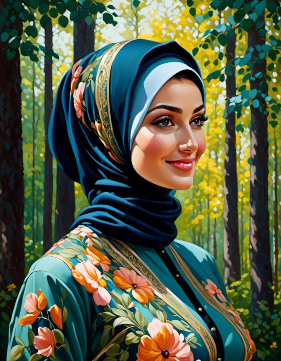 Beautiful Hijabi Woman in Forest, Oil Painting