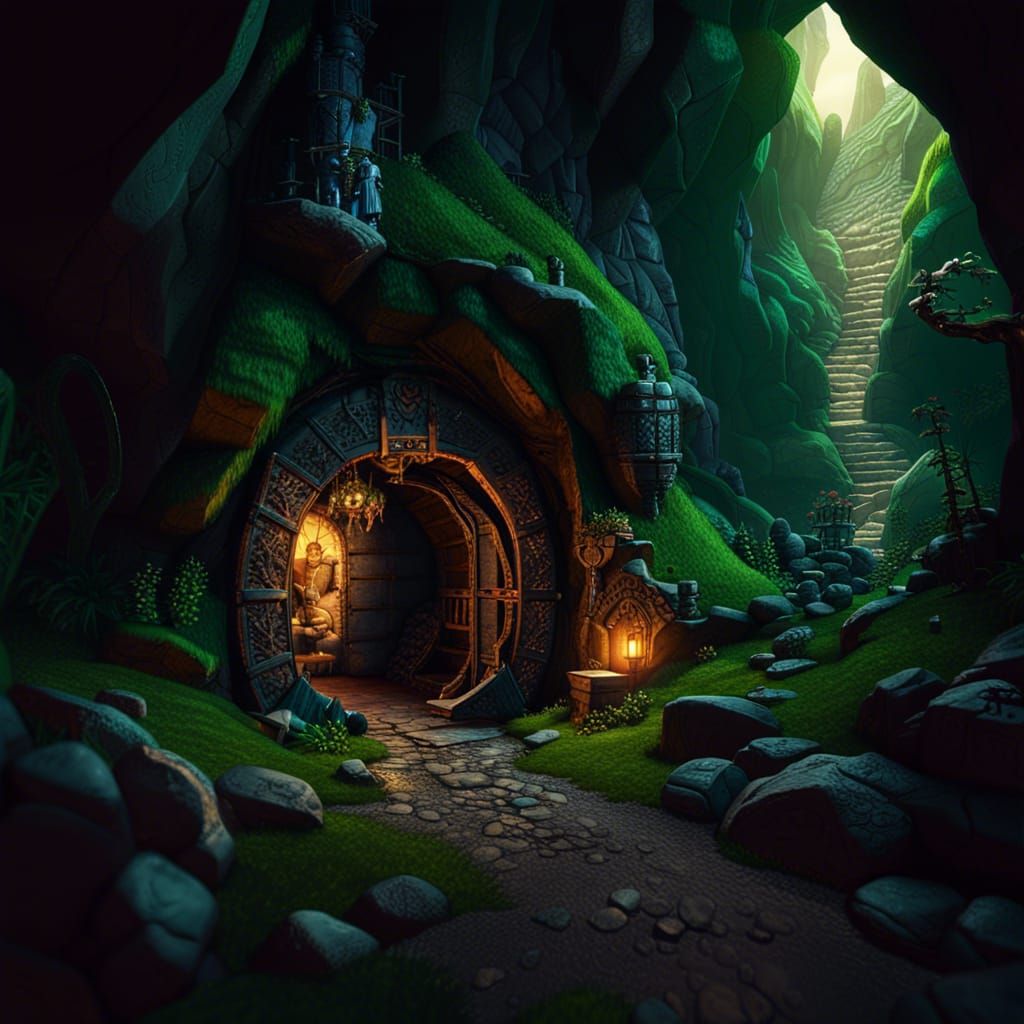 Dwarves Discover Cave Entrance in Fantasy Landscape