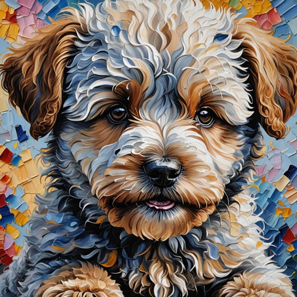 Malamoodle Puppy Portrait as Impasto Oil Painting