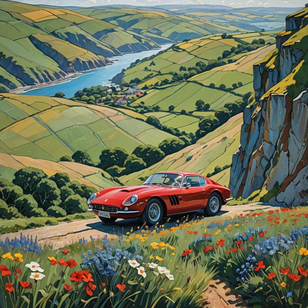 Ferrari on Cliffside: Post-Impressionist Landscape