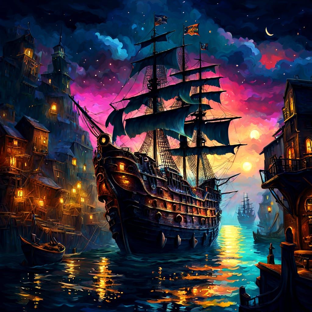 Midnight Pirate Ship in Neo Impressionist Masterpiece
