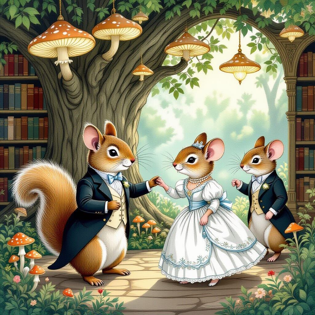 Squirrels and Mice Waltz in Bioluminescent Tree Library