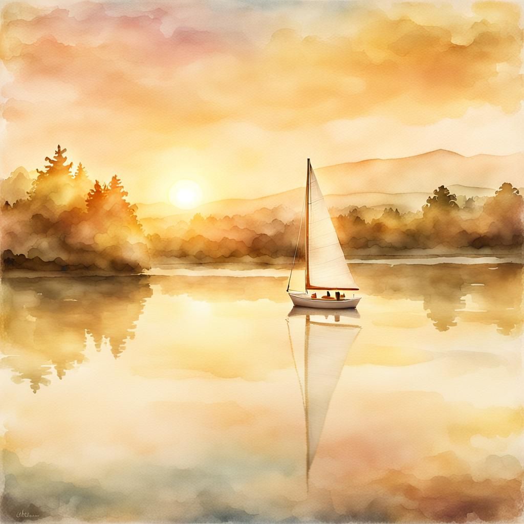 Delicate Toy Sailboat on Pond at Sunset in Watercolor