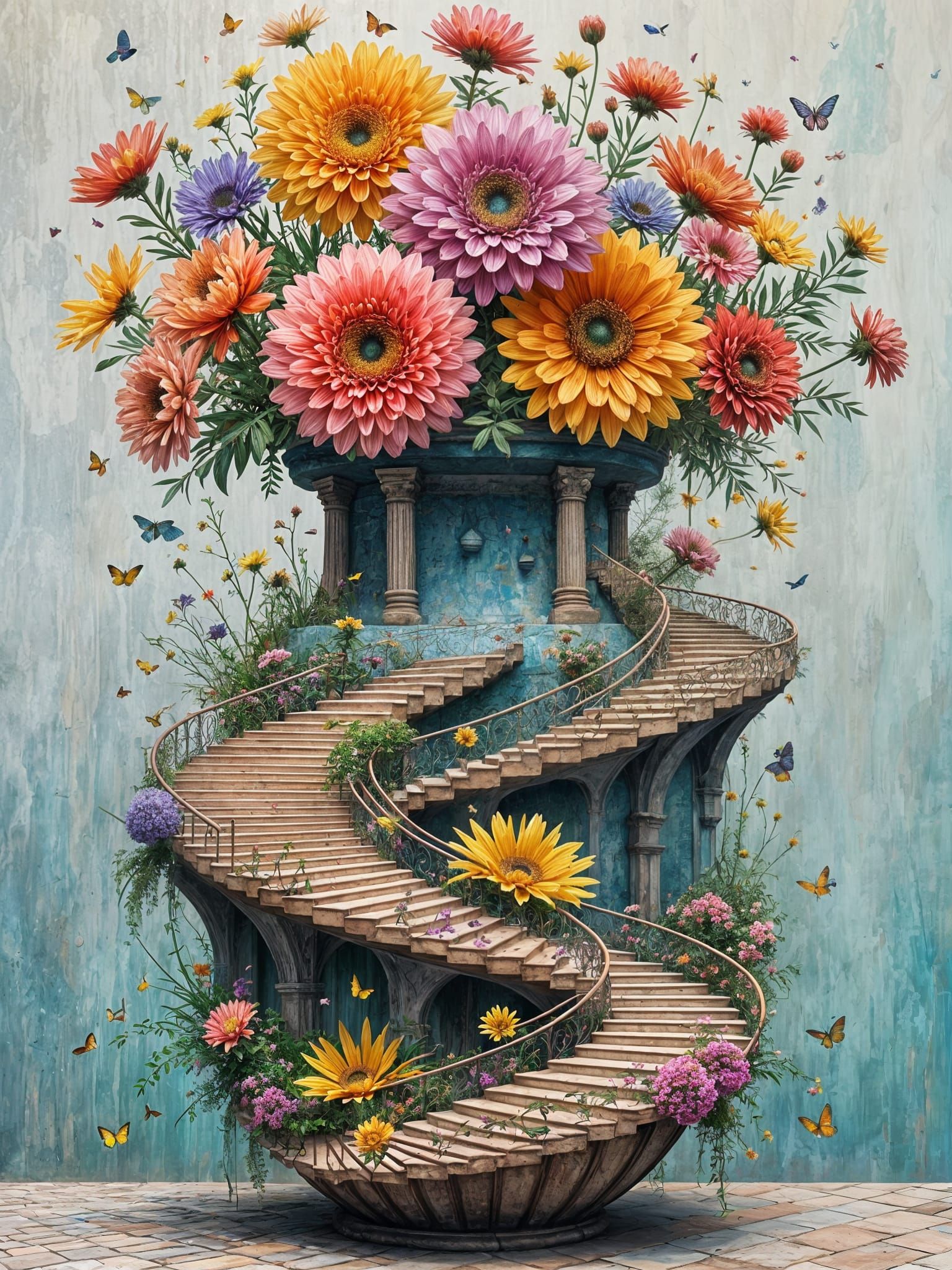 Colorful Flowers Bloom from Escher Architecture Vase