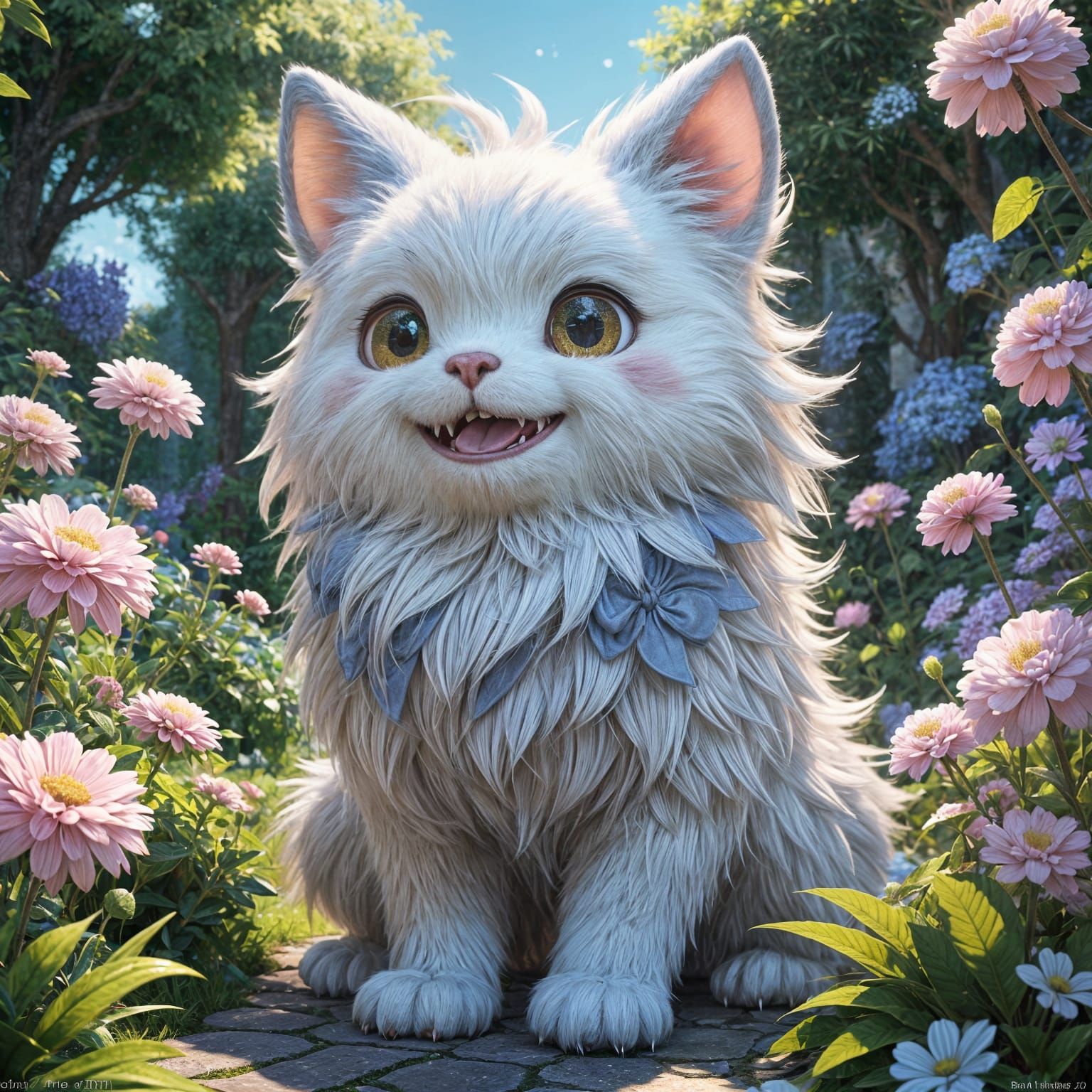 Whimsical 3D Anime Creature Laughs in a Vibrant Garden
