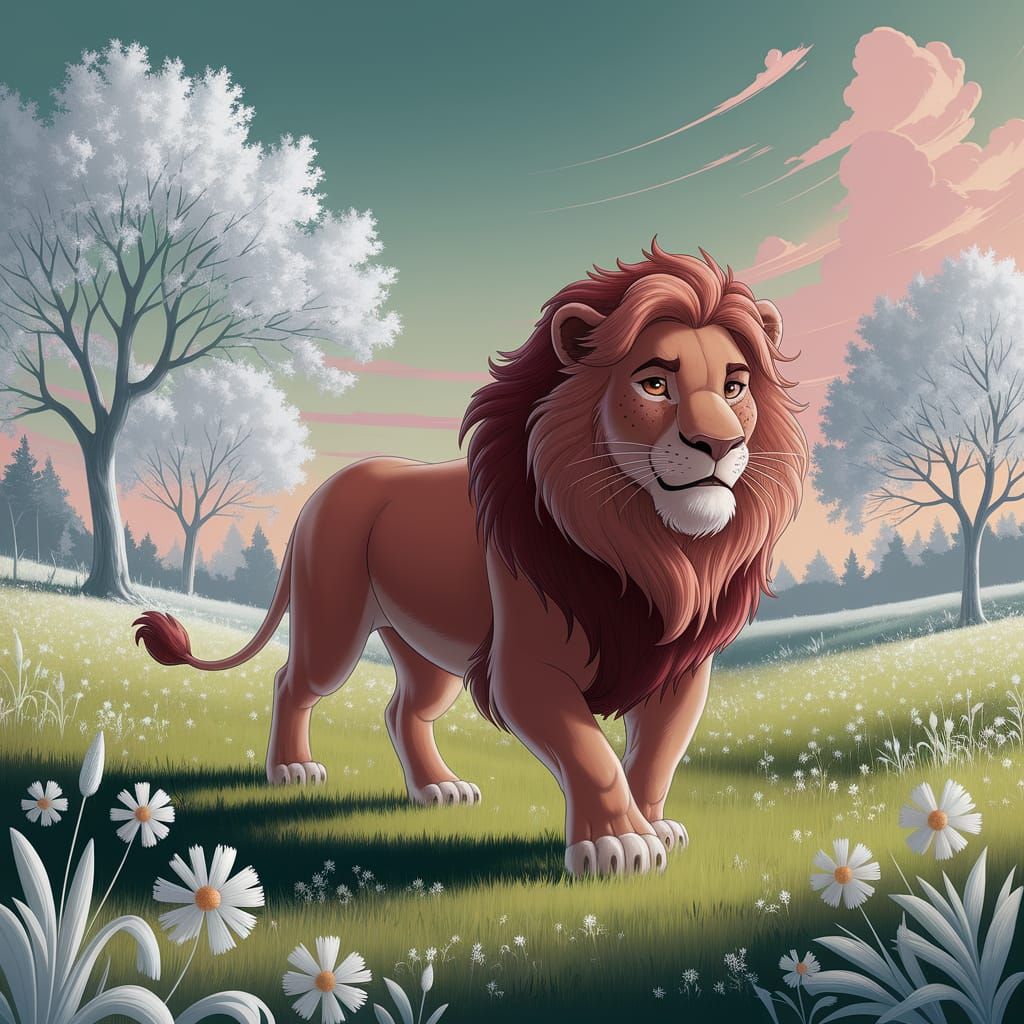 Red-Haired Lion in White Meadow
