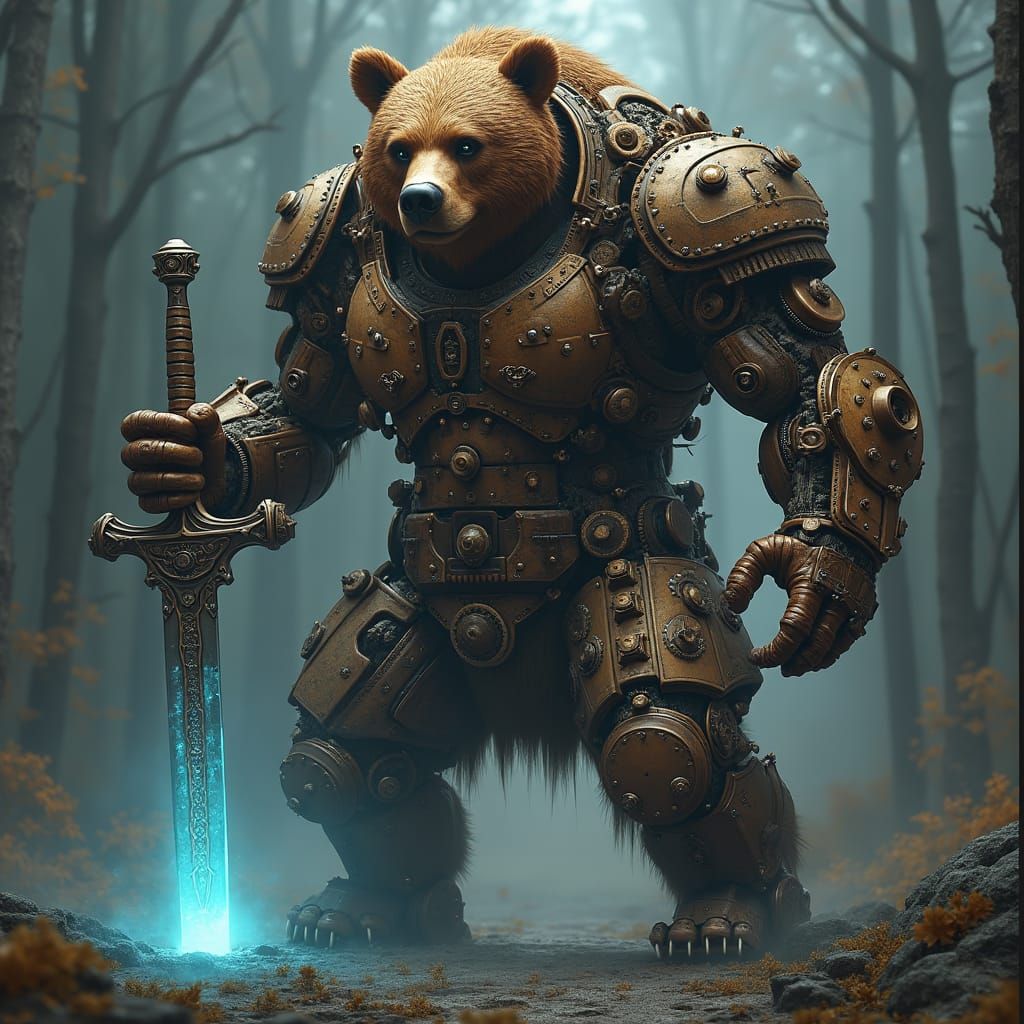 Steampunk Mechanical Grizzly Bear with Sword