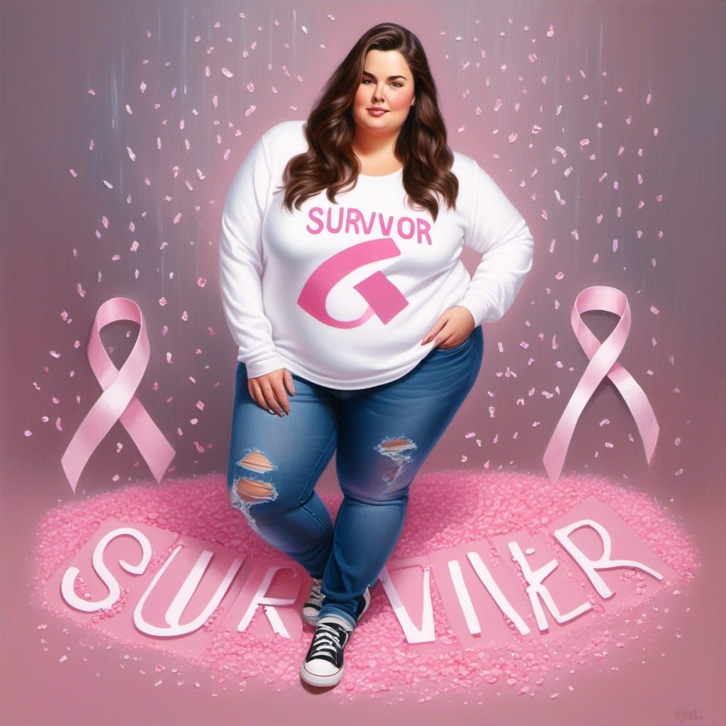 Woman in Survivor Shirt with Breast Cancer Ribbon
