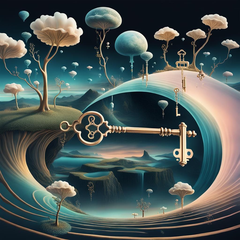 a surreal digital art piece depicting keys floating in a dre...