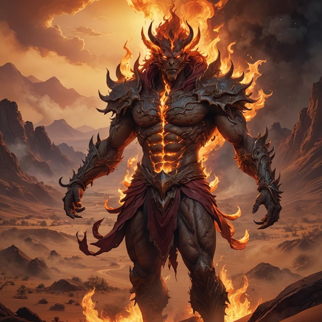 Ifrit in Fiery Desert Landscape: Digital Painting