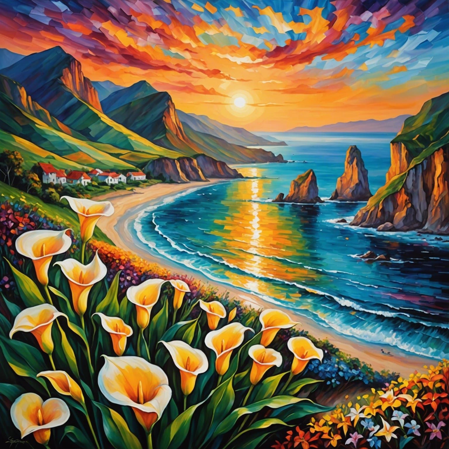 Calla Lily Valley Sunset: Vibrant Acrylic Painting