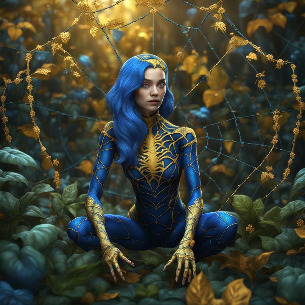 Blue and Gold Spiderweb Poison Ivy in Detailed Matte Paintin...