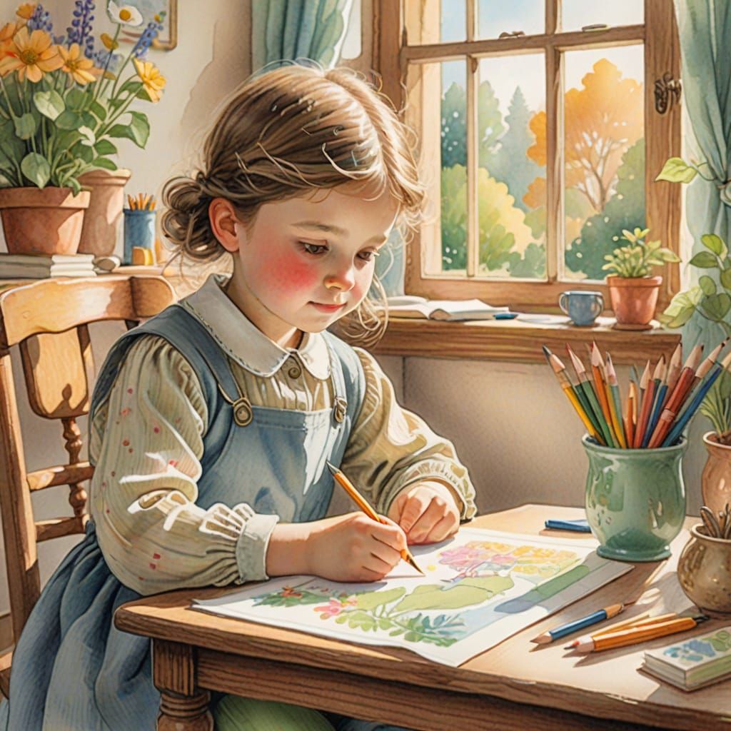 Whimsical Watercolor Illustration of Childhood Wonder