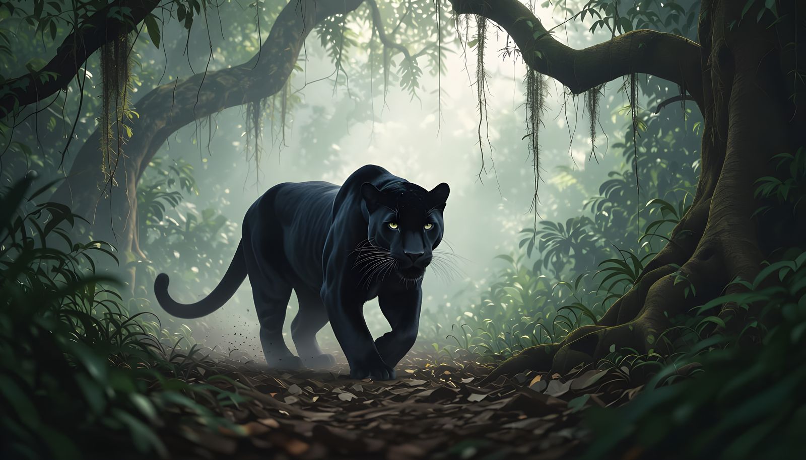Black Panther in Misty Jungle