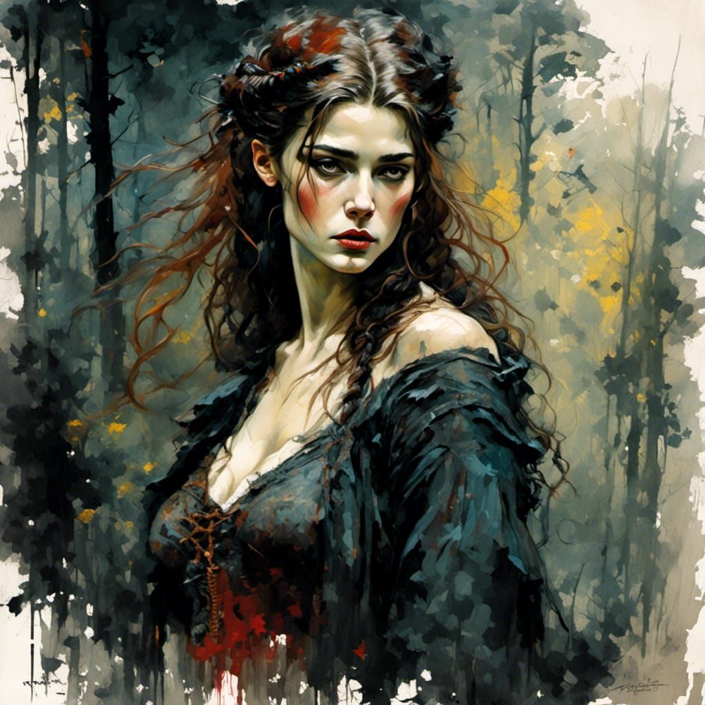 Fairytale Heroine in Dark Forest, Inkblot Style
