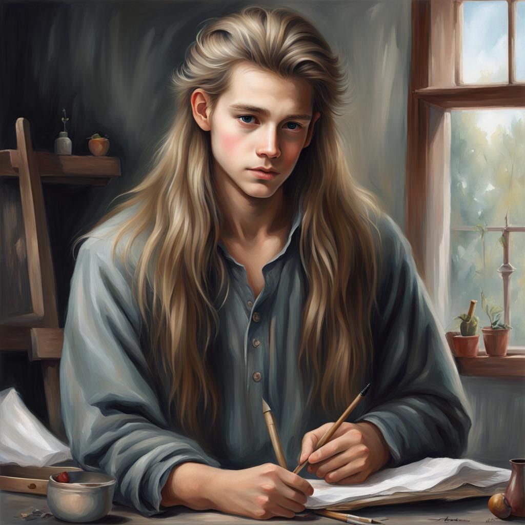 Most beautiful long hair  boy painting