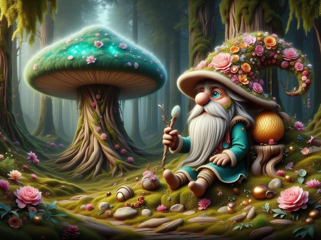 Enchanted Gnome Casting Spell in Glowing Forest