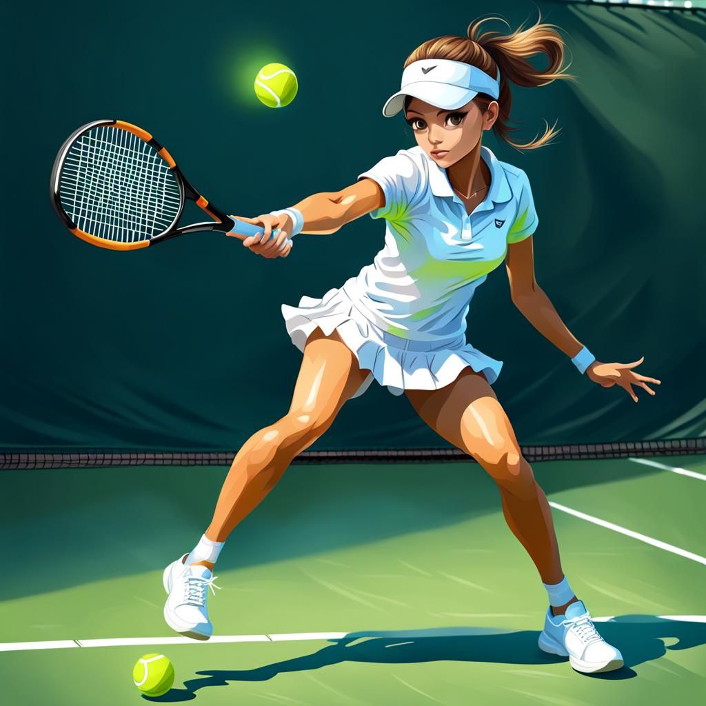 Cute Girl Playing Tennis in Digital Art Style