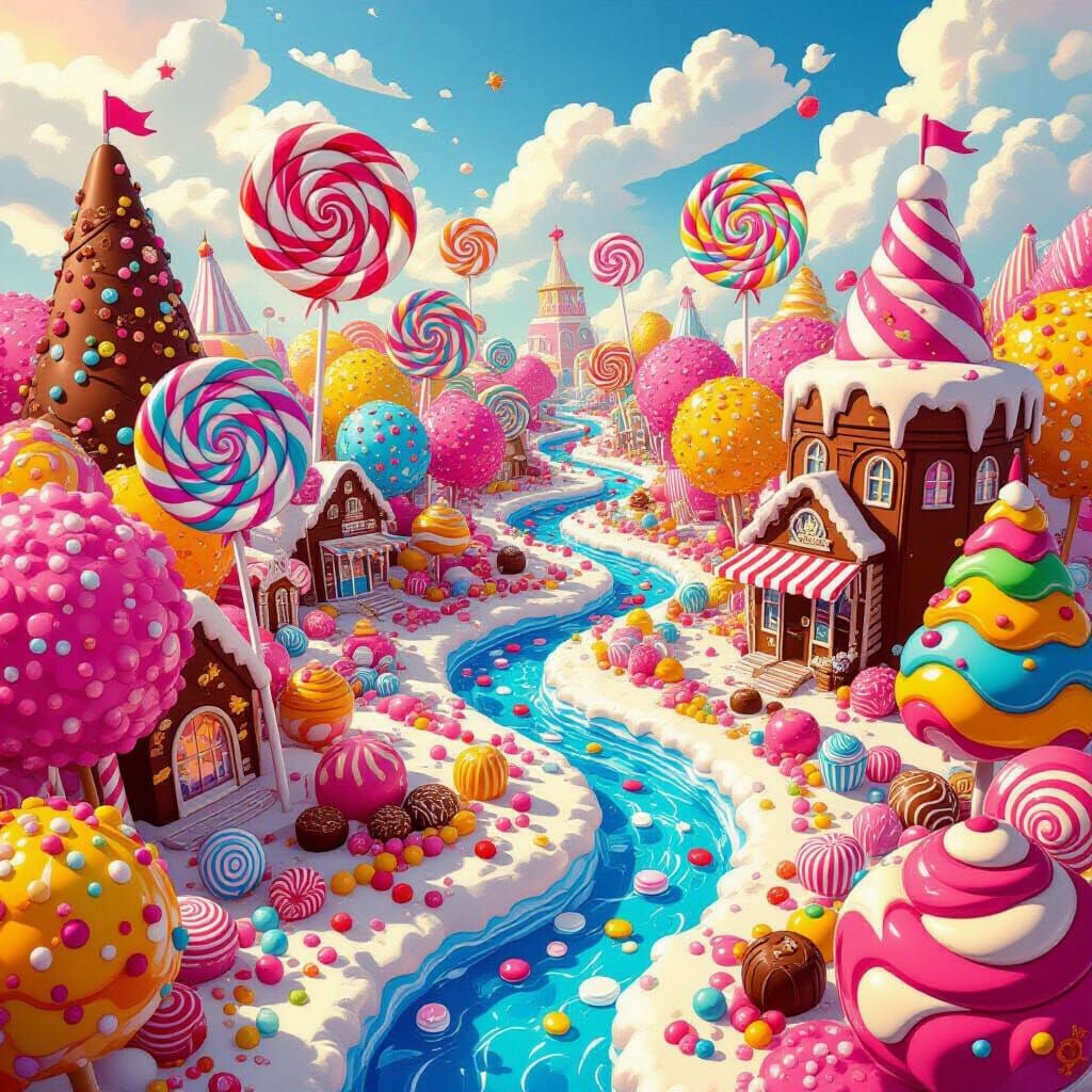 Whimsical Candy Paradise: Lollipop Swirls & Chocolate Rivers