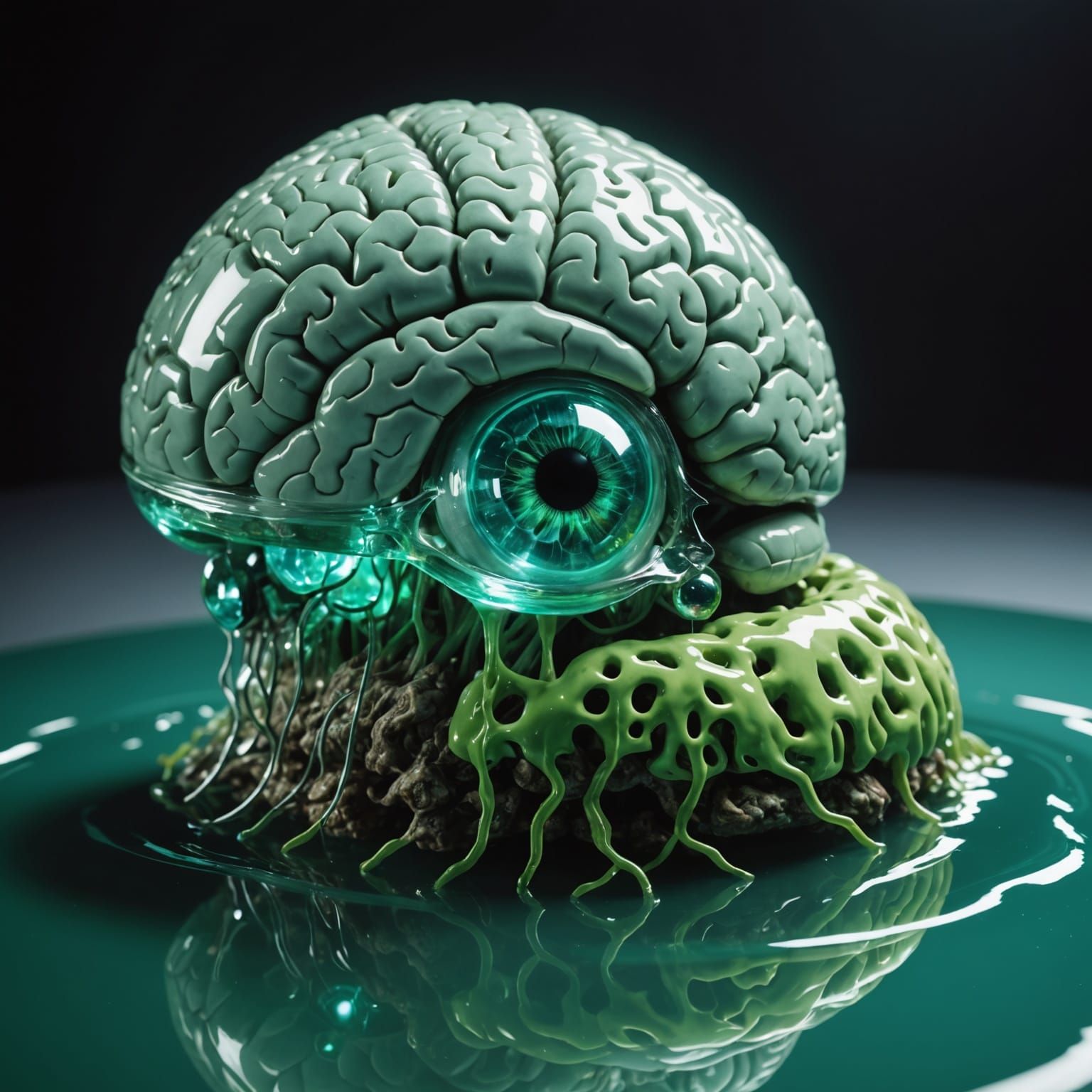 Brain and Aquamarine Eyes Floating in Green Liquid