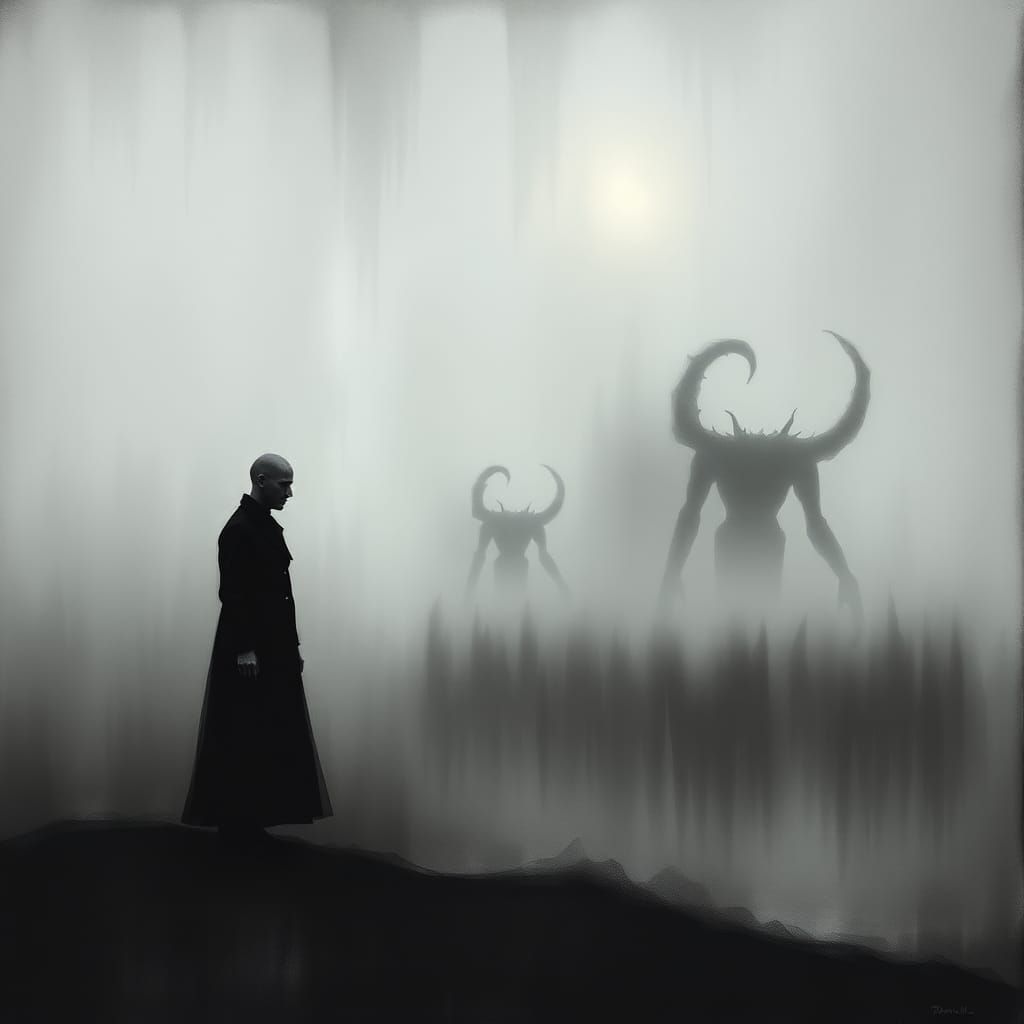 Monochromatic Figure in Surreal Biomechanical Landscape