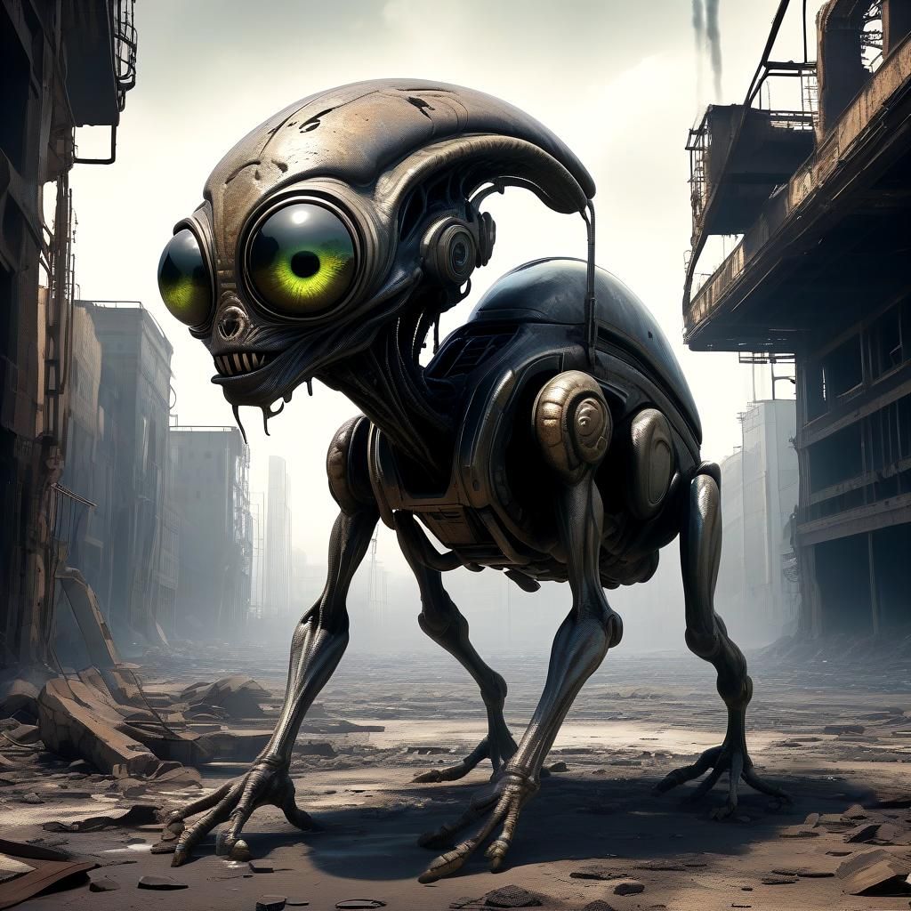 Alien Creature in Ruined Sci-Fi Landscape