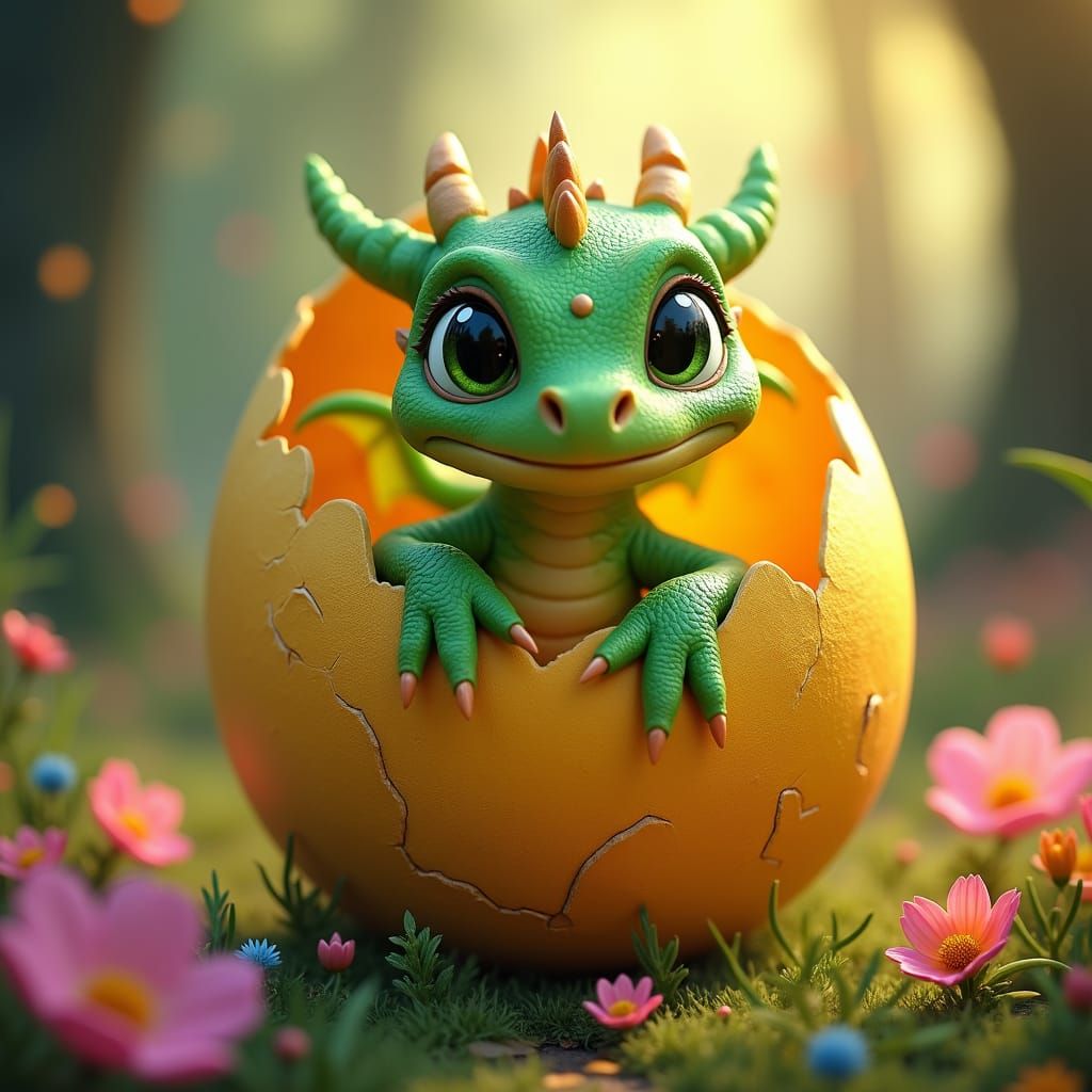 Green Dragon Hatching From Golden Egg in Fairytale
