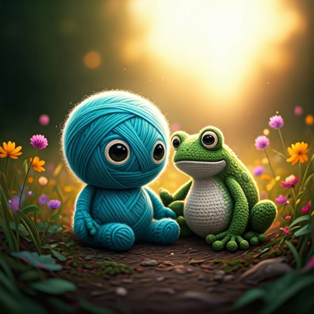 Yarn Monster Grogu and Frog in Whimsical Meadow
