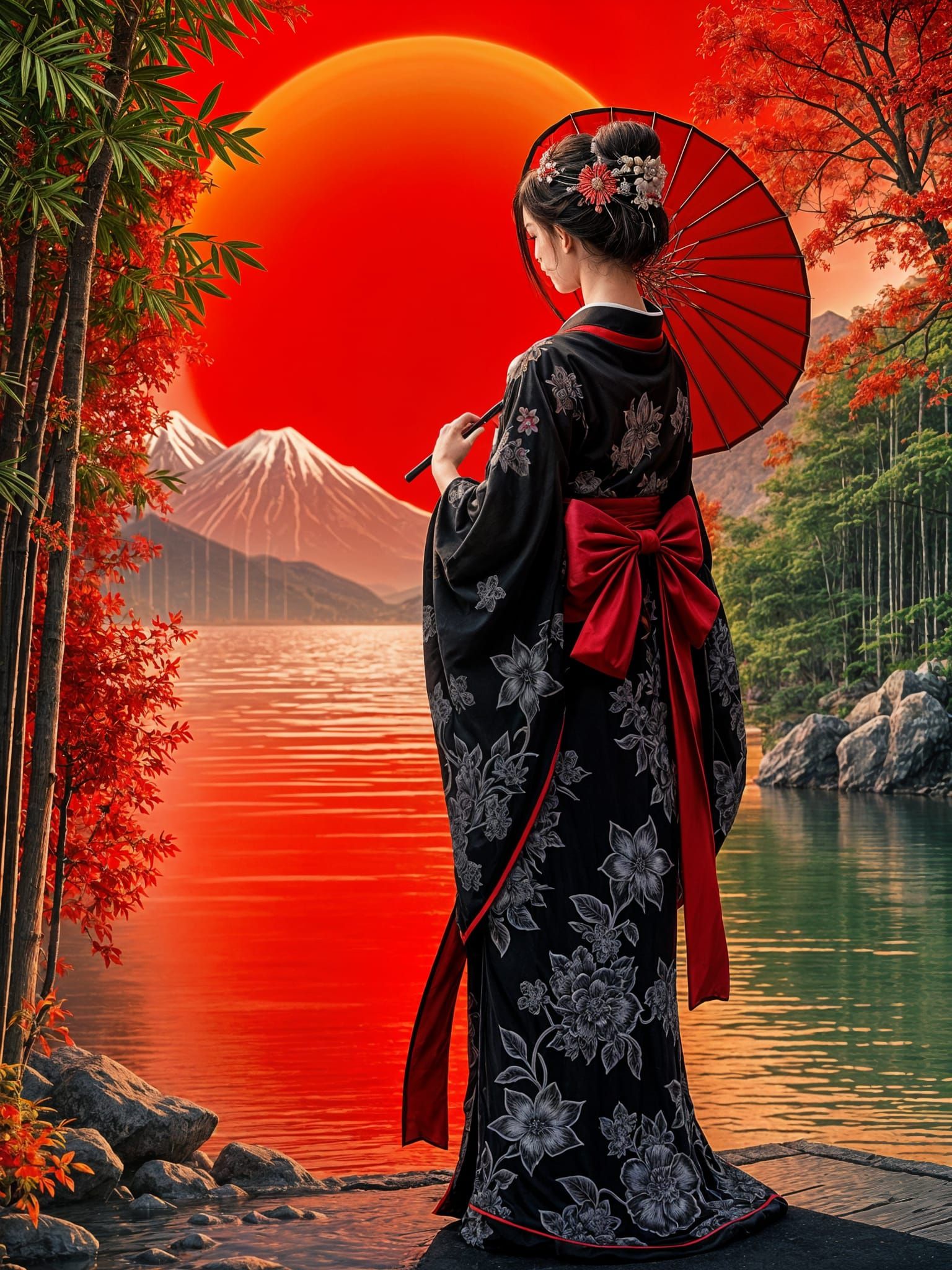 A majestic and stylized female figure in traditional Japanes...