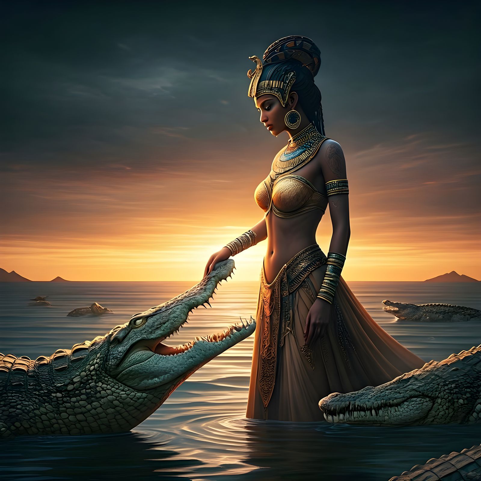 Brilliant Defined Epic: Nile goddess bonding with crocodiles, cinematic masterpiece