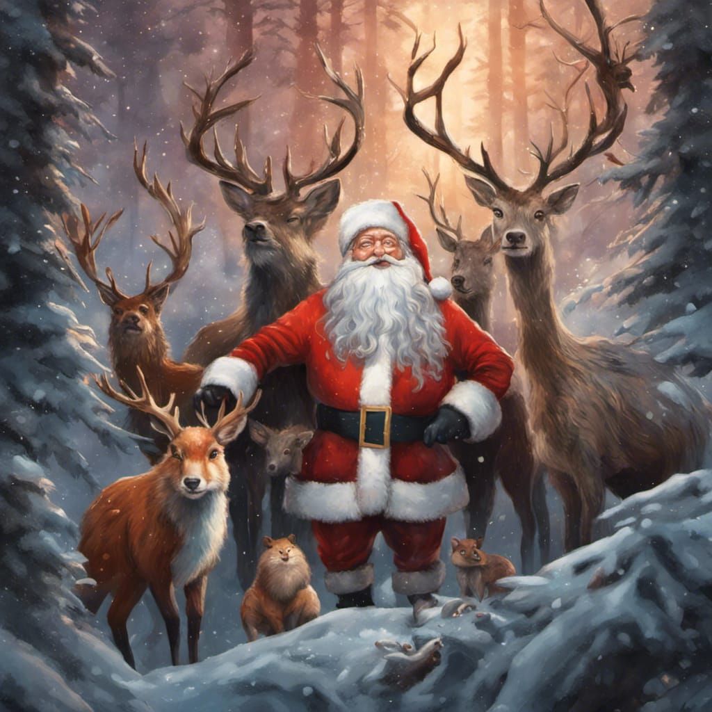 Christmas Forest Scene with Santa in Hyperrealistic Style