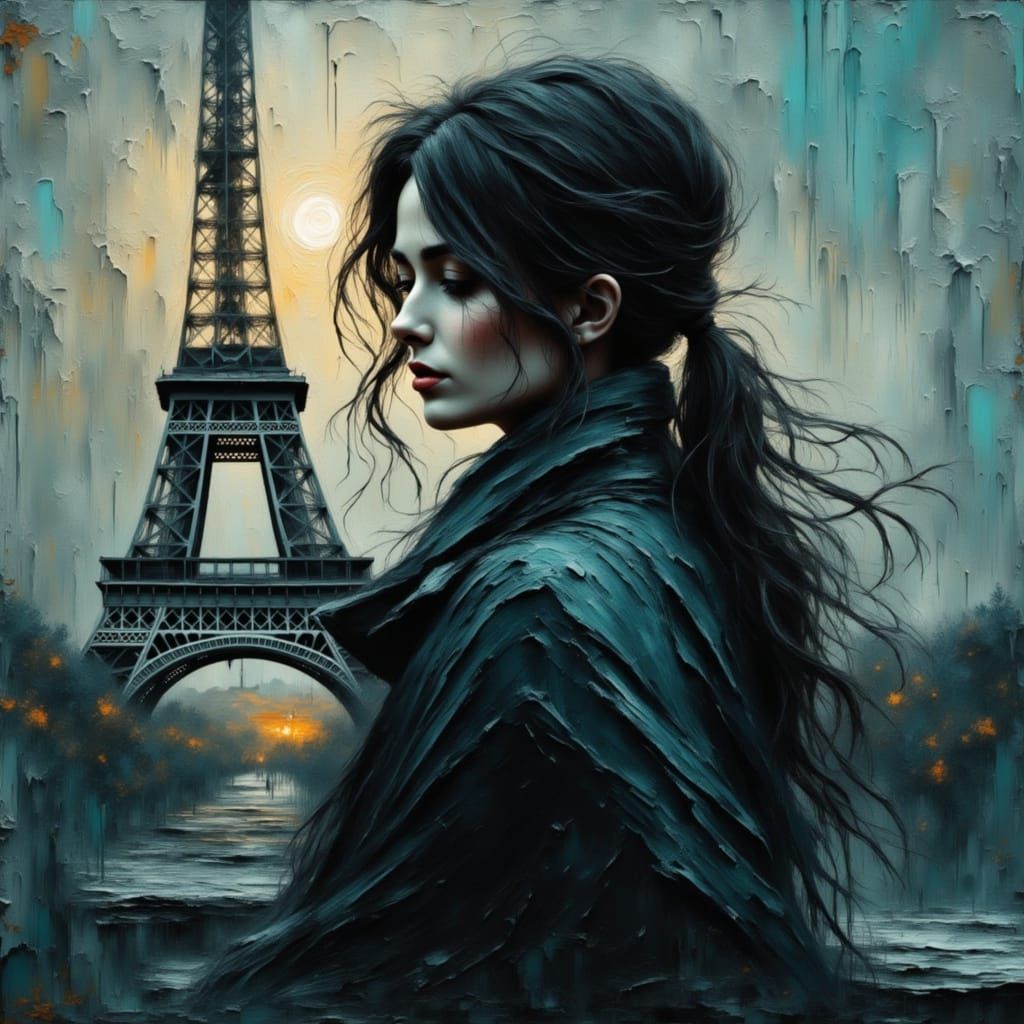 Pixie Woman in Rainy Paris, Impasto Style