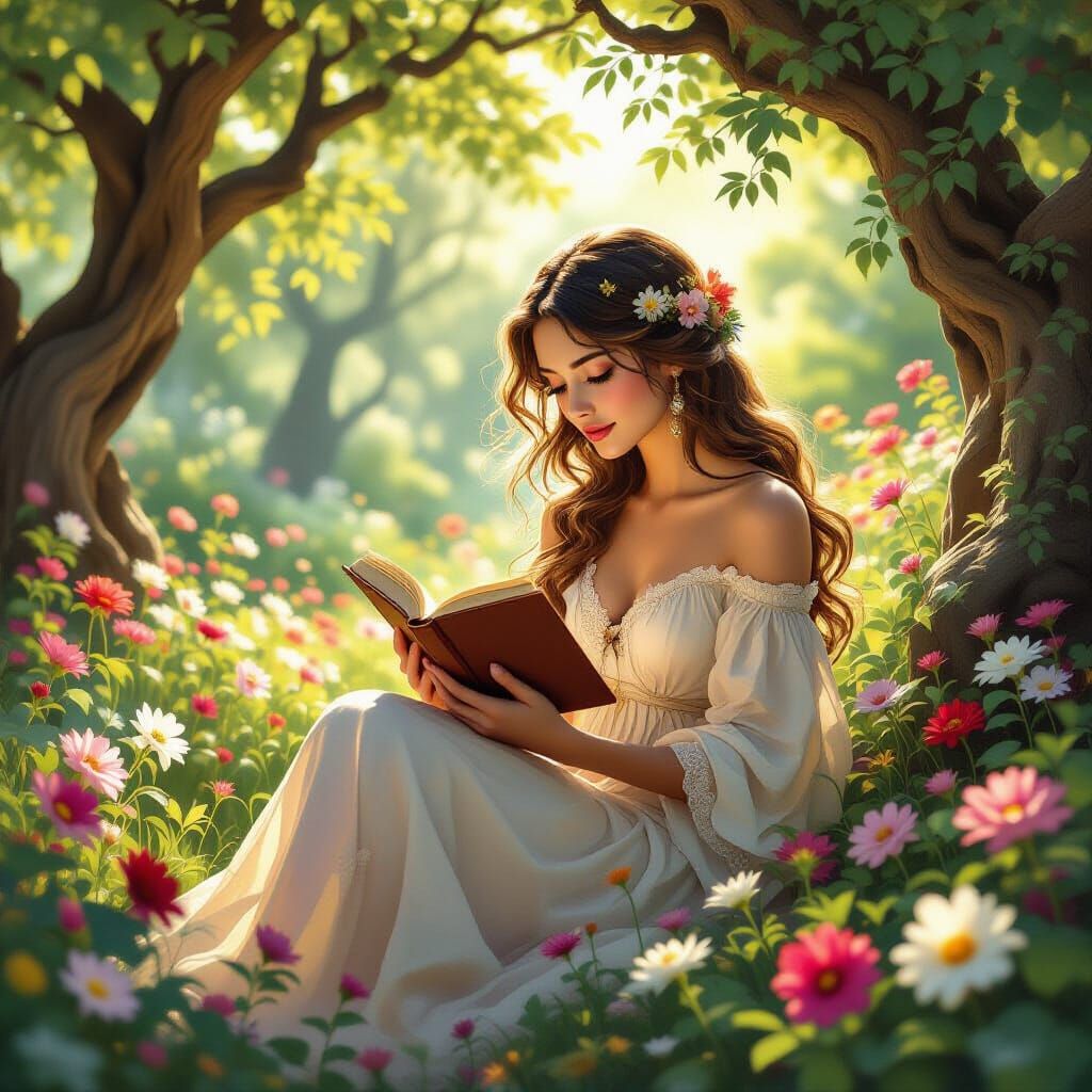 Enchanted Garden Reader in Art Nouveau Style