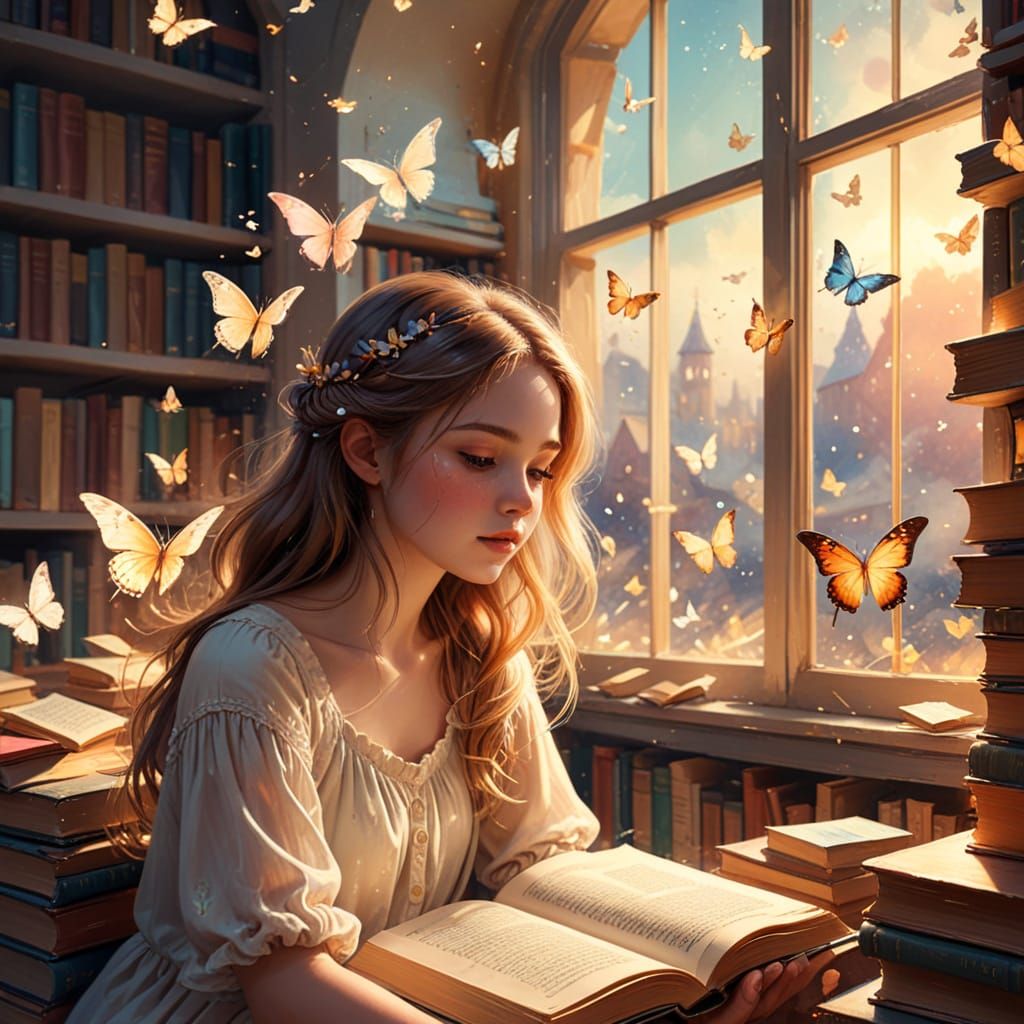 Whimsical Library Girl in Dreamy Pastel Colors