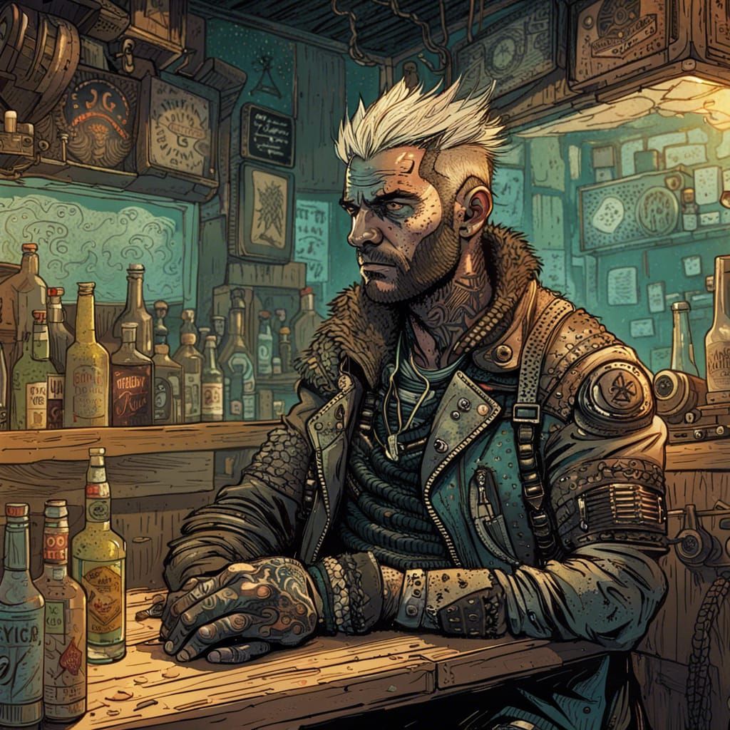 Post-Apocalyptic Biker in Detailed Bar Interior