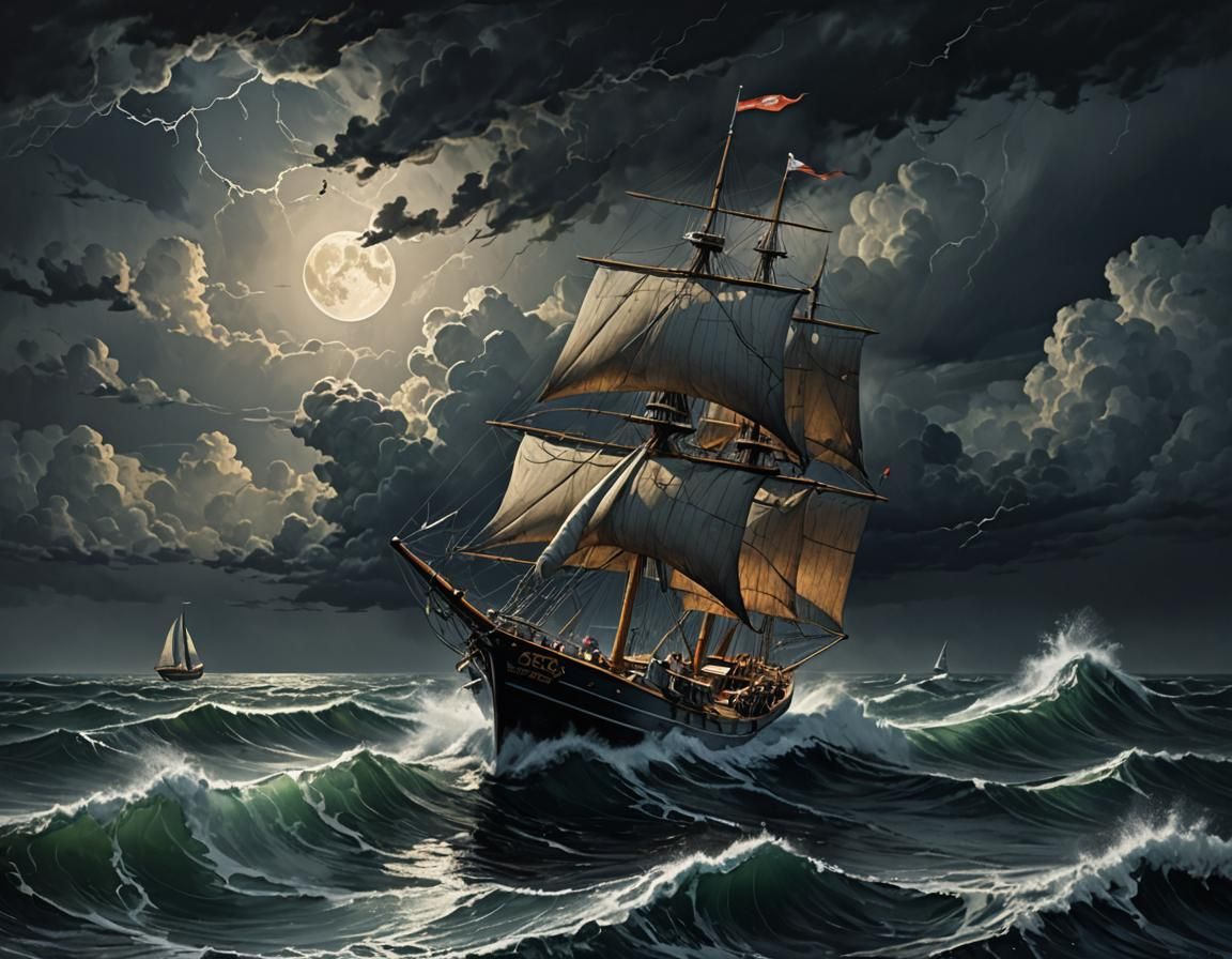 Small Boat in Stormy Sea Under Moonlight