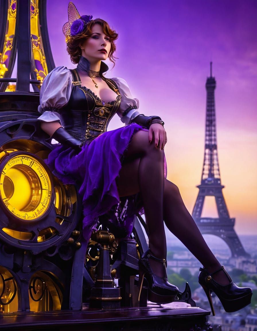 A giant woman in high heels placed her foot on the top of th...