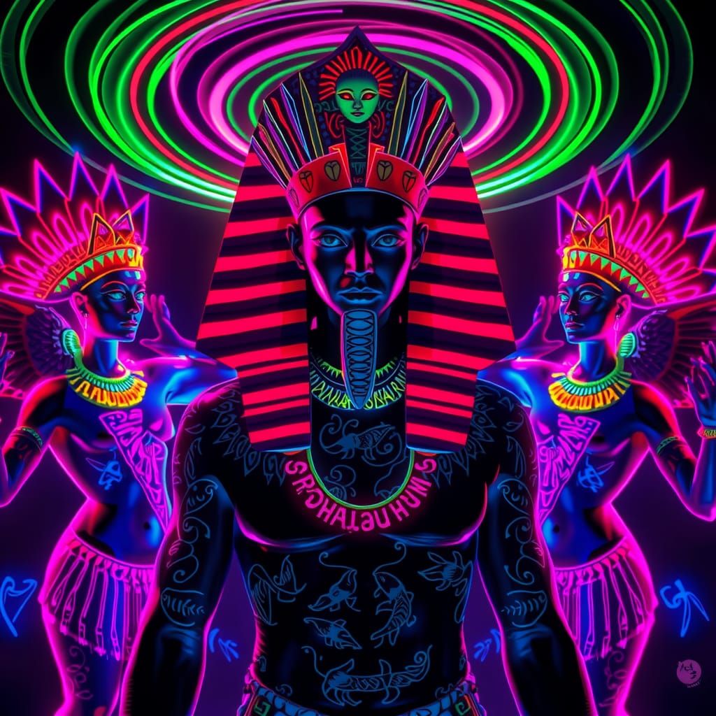 Majestic Pharaoh with Fluorescent Tattoos in Neon Light