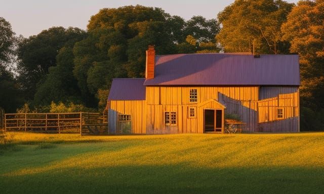 Majestic Farmhouse at Sunset in Retro Art Style
