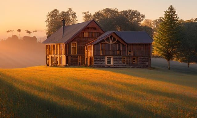 Whimsical Farmhouse Sunset in Retro Art Style