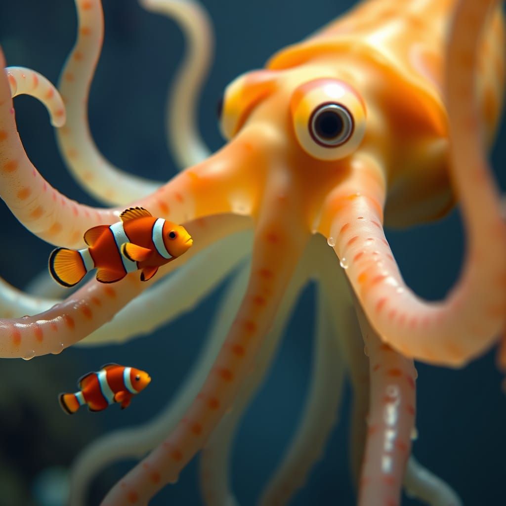 Tiny Clownfish Dance Around Giant Squid in Surreal Photoreal...