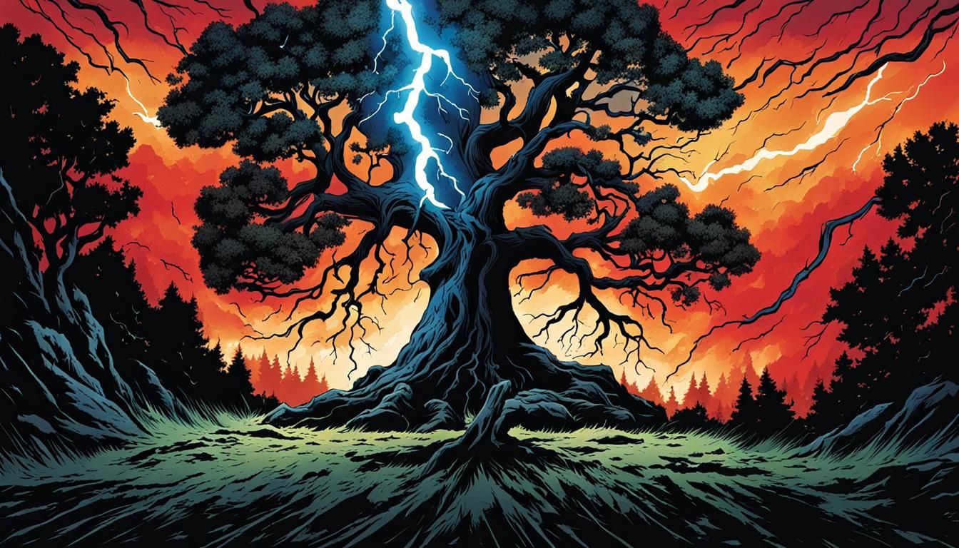 Vibrant Comic Book Lightning Strikes Tree