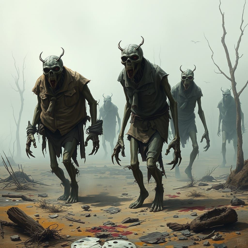 Decaying Undead Creatures in a Gritty Dystopian Landscape
