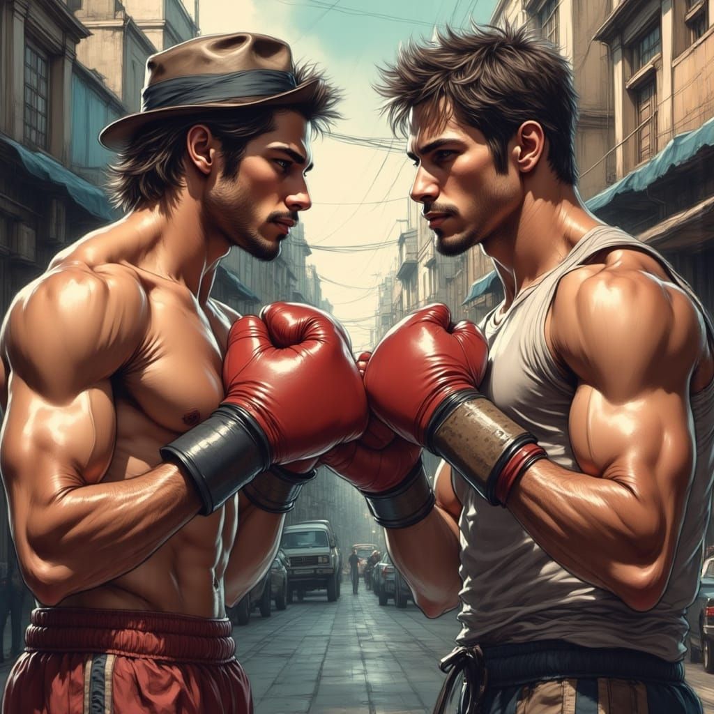 Two athletic men in boxing gloves boxing in on a Sao Paulo s...