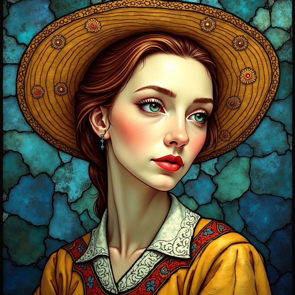 Vibrant Stained Glass Portrait in Whimsical Van Gogh Style