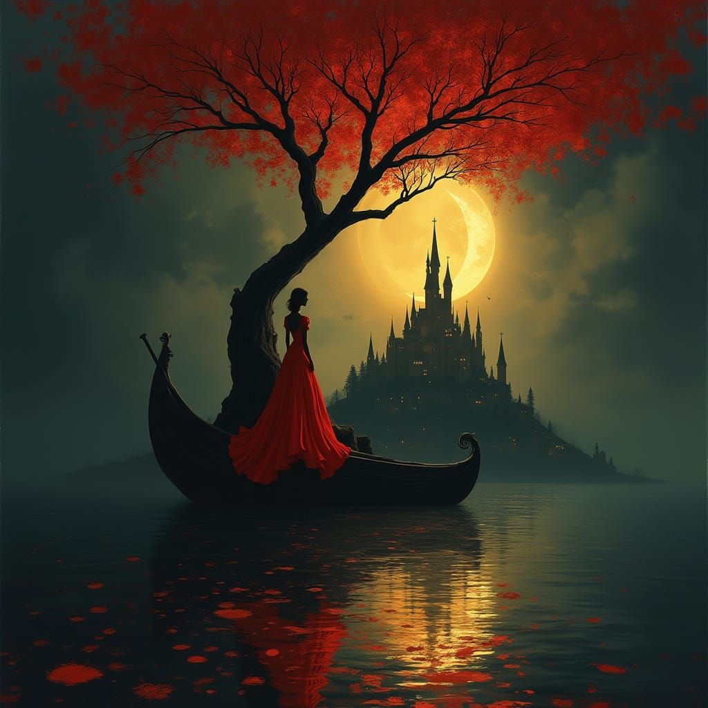 Mysterious Figure Under Red Moon in Sea of Blood